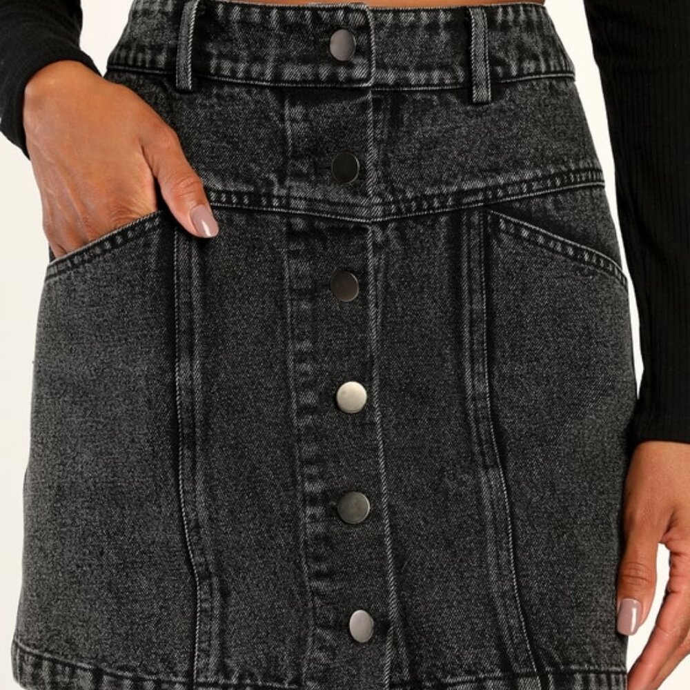 Lulus Real Babe Black High Waisted Button-up Denim Mini Skirt - Size XS